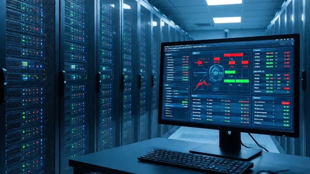 Sala de servidores com painel de monitoramento de segurança