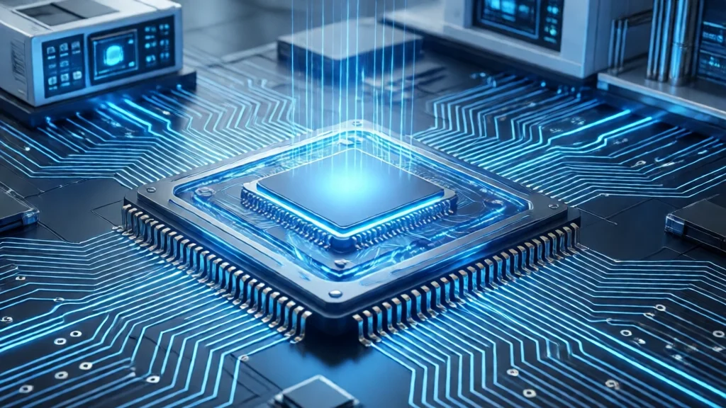 Processador quântico com padrões de circuitos em azul