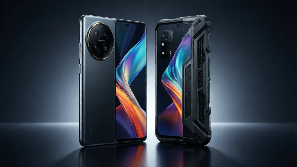 Dois smartphones premium lado a lado sobre superfície reflexiva escura, um com câmera tripla e outro com design gamer com ventilação visível