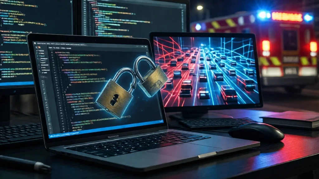 Laptop em mesa de investigação com telas de código e cadeado quebrado representando ataque de ransomware