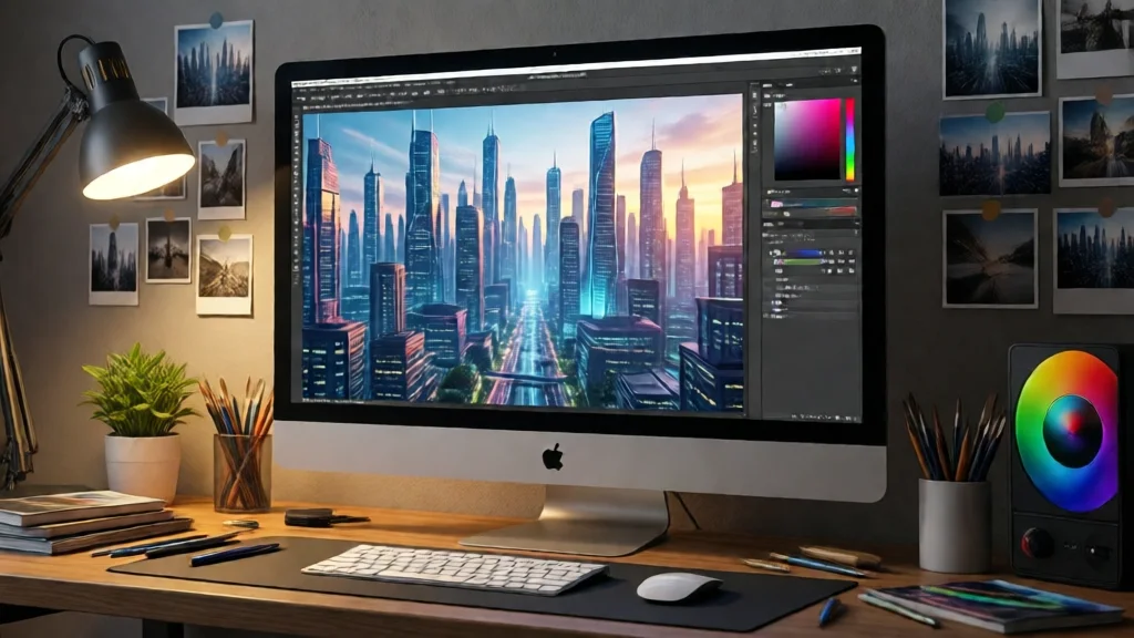 Estúdio criativo com monitor exibindo imagem 4K de cidade futurista