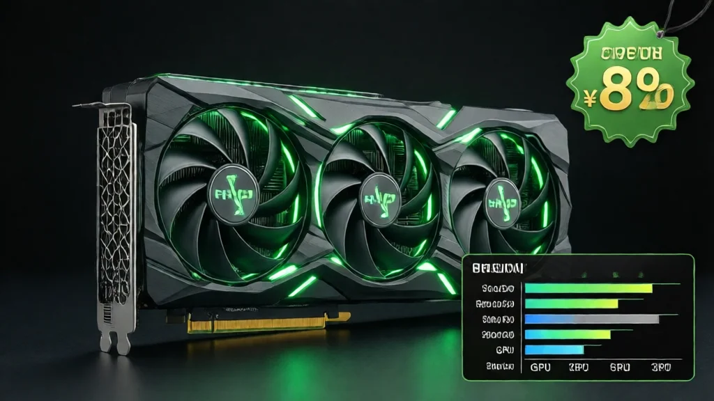 Placa de vídeo com iluminação RGB, etiqueta de preço com desconto, gráfico de comparação