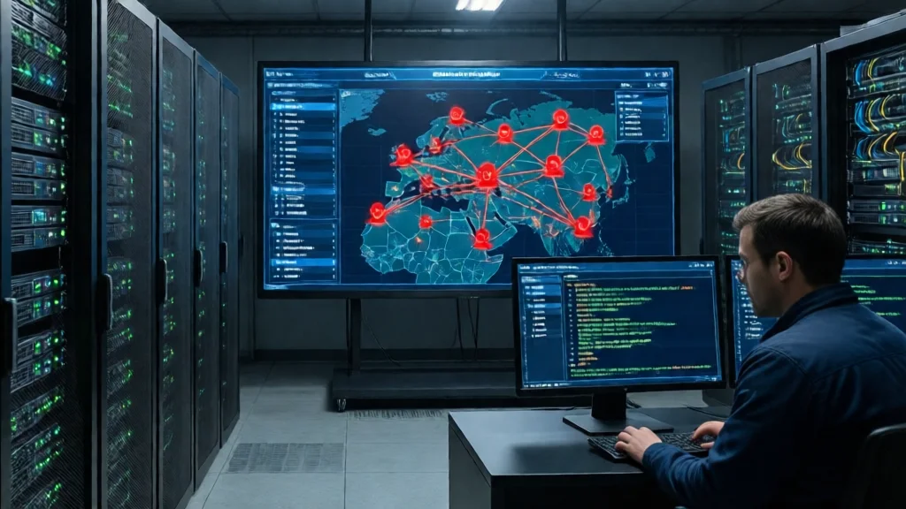 Centro de operacoes de rede com firewalls e mapa de rede mostrando nos comprometidos