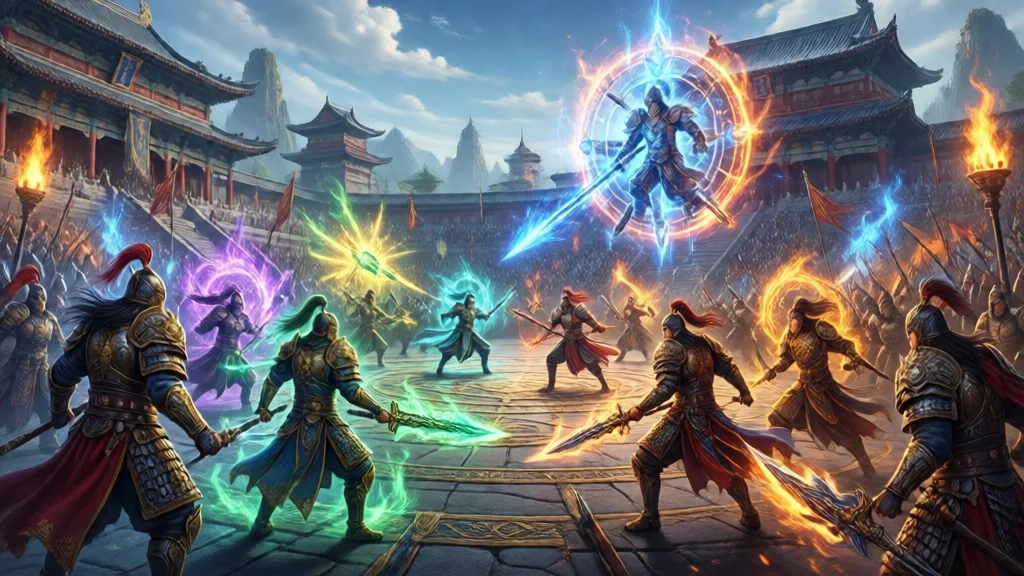 Arena de batalha fantástica com efeitos mágicos brilhantes e personagens em poses dinâmicas