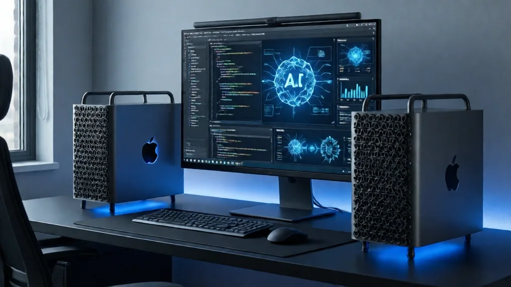 Dois Mac Studios com visualizações de rede neural em tela