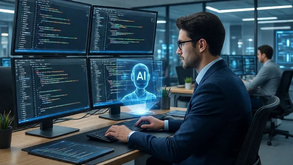 Desenvolvedor em frente a múltiplos monitores com assistente de IA