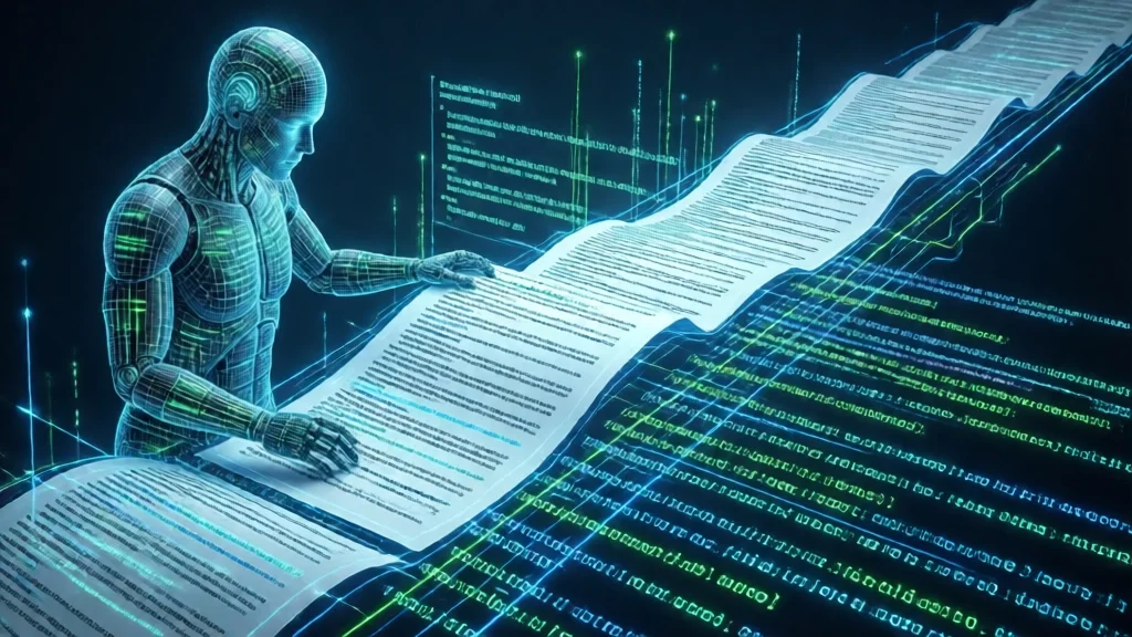 Modelo de IA processando documento longo com fluxo de contexto