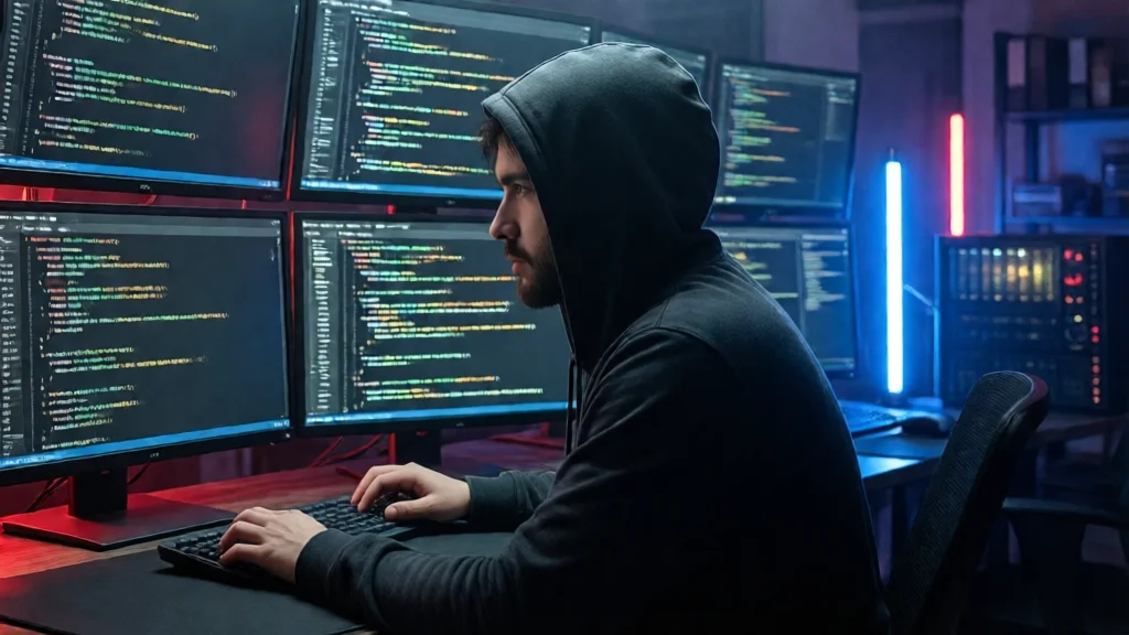 Hacker em frente a múltiplos monitores com código