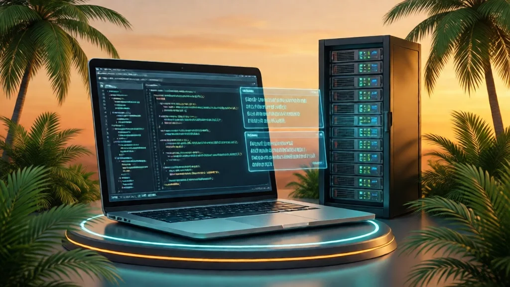 Laptop com código de IA e textos em múltiplos idiomas em cenário tropical