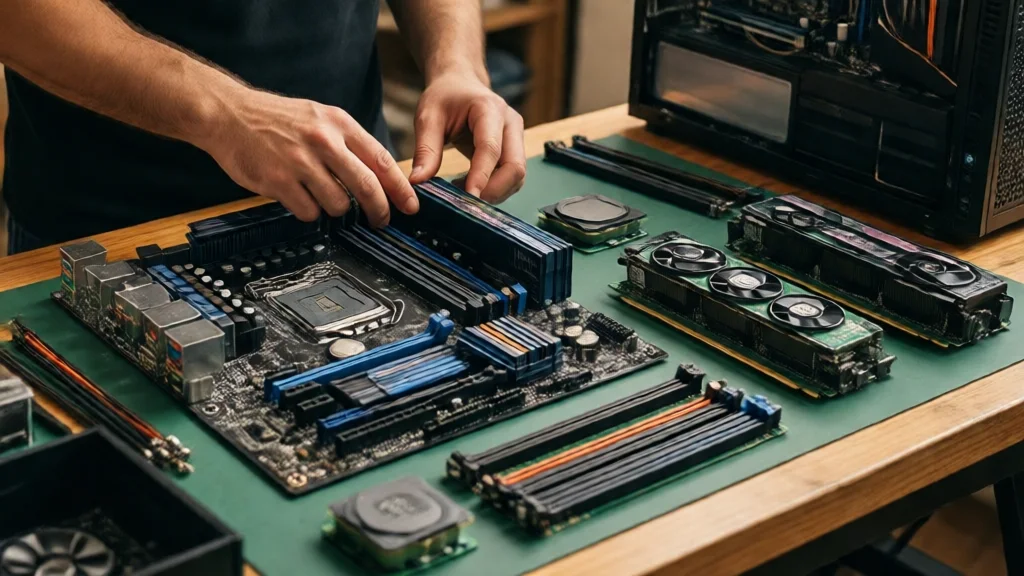 Pessoa montando computador com peças dispostas na bancada