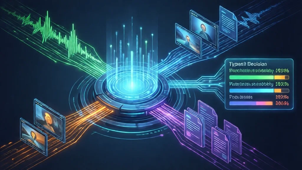 Núcleo de decisão central processando fluxos simultâneos de áudio (verde), vídeo (azul), imagem (laranja) e texto (roxo), com barras de probabilidade tipadas ao lado — ilustração de IA para o Cloudflare Clef-omni