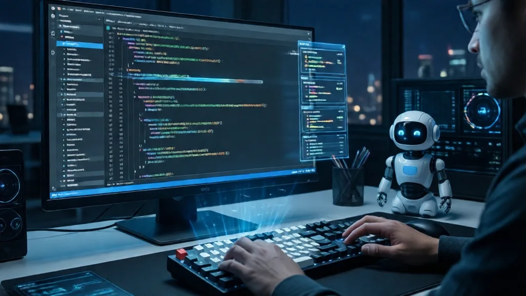 Workspace de desenvolvimento de software com tela mostrando editor de código e um pequeno robô assistente sobre a mesa, conceito de IA agentica em coding de longa duração