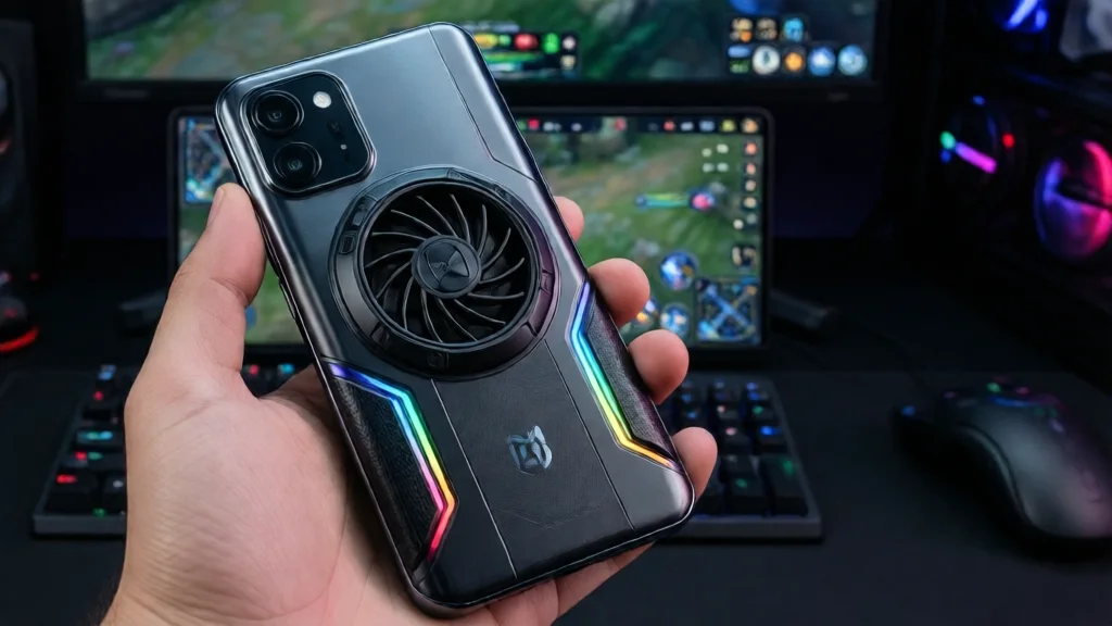 Smartphone Honor WIN 2 com ventoinha de resfriamento visível no verso e iluminação RGB