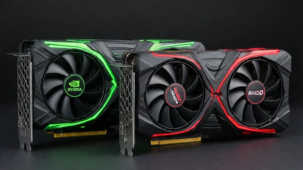 Duas GPUs de alto desempenho lado a lado, com iluminação RGB e coolers visíveis