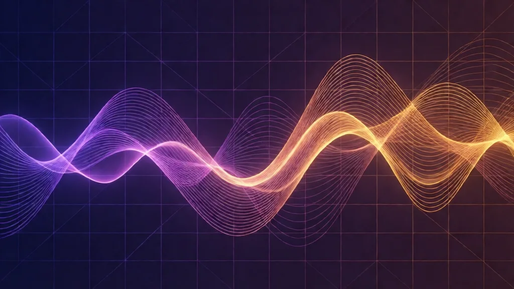 Visualização abstrata de séries temporais com ondas suaves em gradiente, representando previsão de dados