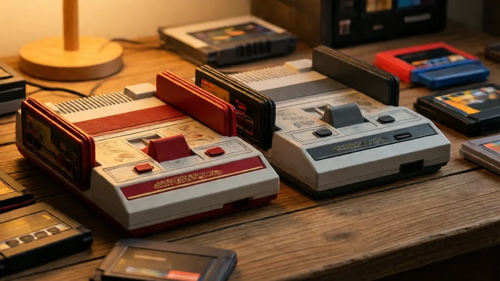 Dois consoles retrô lado a lado em uma mesa de madeira, com cartuchos de jogos