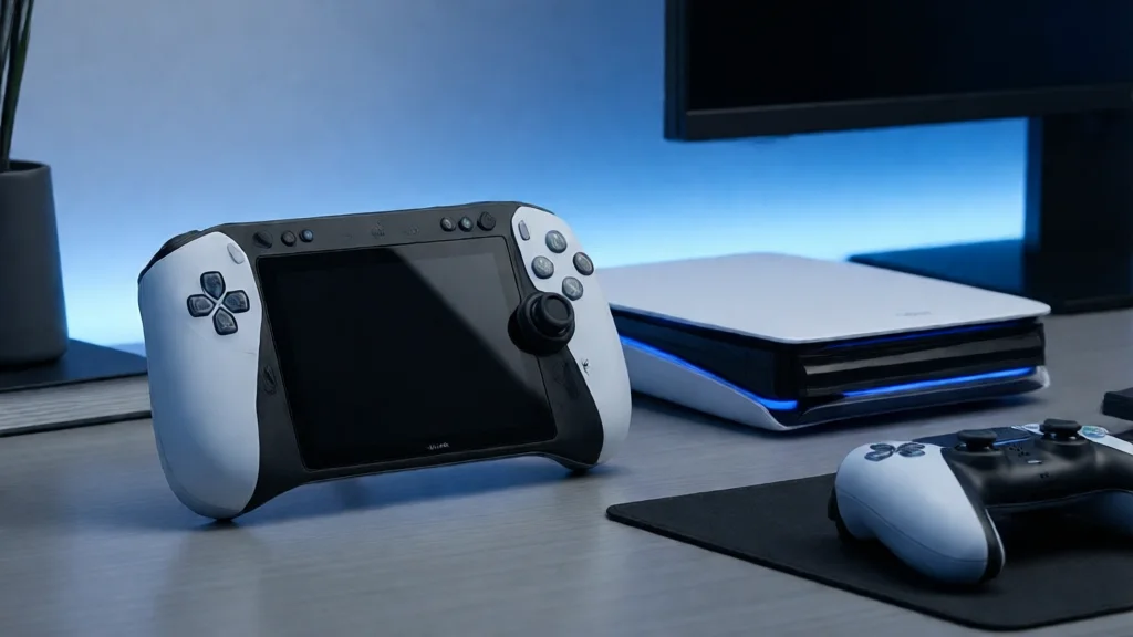 Console e controle de videogame futurista em uma mesa com iluminação azul