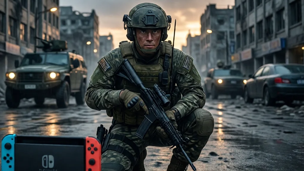 Soldado em cenário de guerra na Coreia do Sul, com console Nintendo Switch 2 em primeiro plano