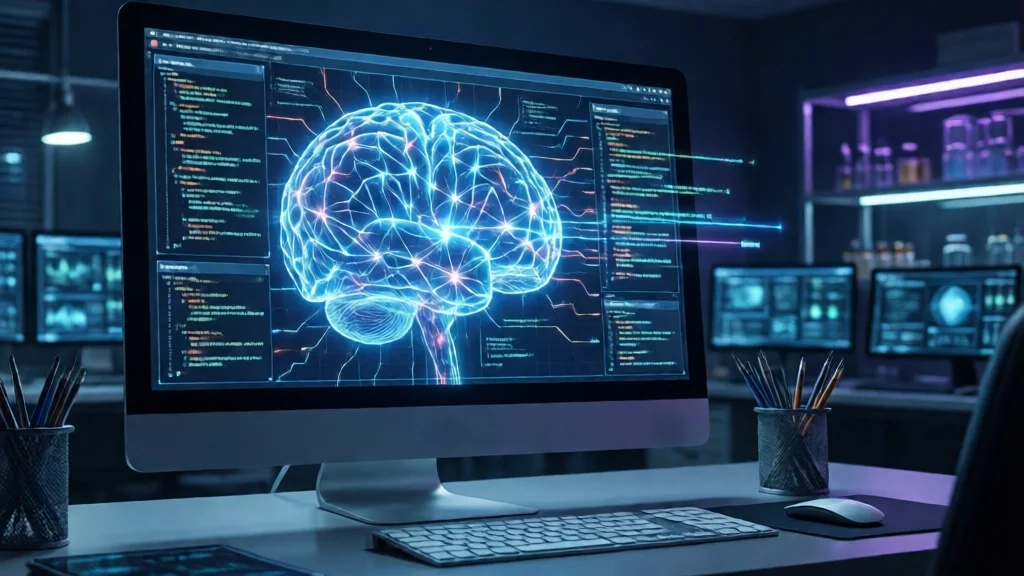 Visualização de modelo de IA abstrato com padrões de rede neural