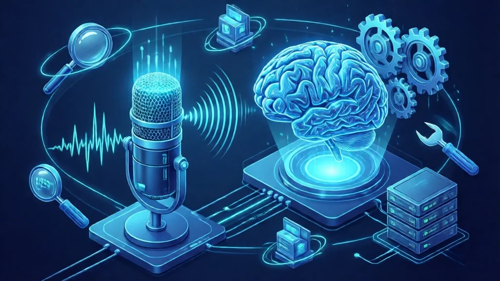 Isométrico de um microfone com ondas de áudio entrando e saindo, conectado a um cérebro de IA com engrenagens e ferramentas orbitando — representando o Grok Voice 3.0.