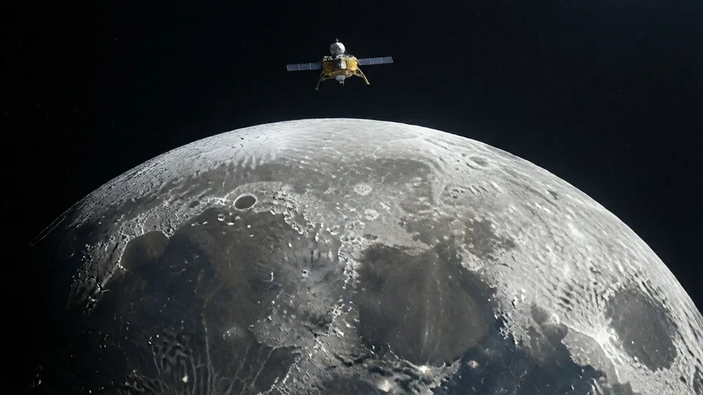 Superfície da Lua com crateras e nave espacial