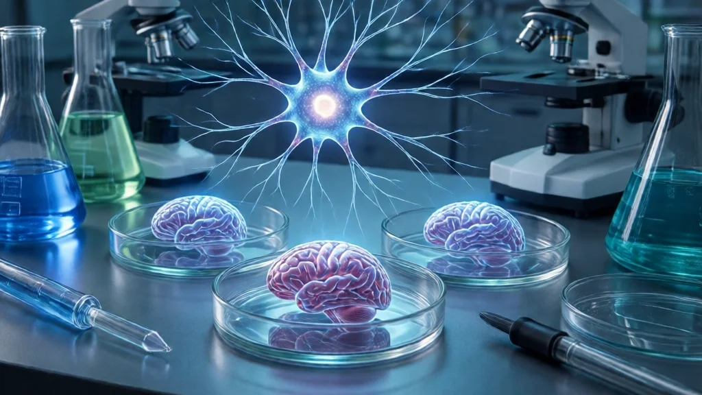 Cena de laboratório com organoides cerebrais em placas de Petri, conexões de rede neural