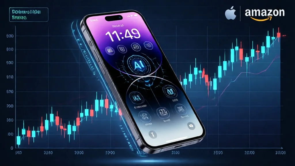 Smartphone moderno com interface de IA, gráfico de preços subindo, logos Apple e Amazon