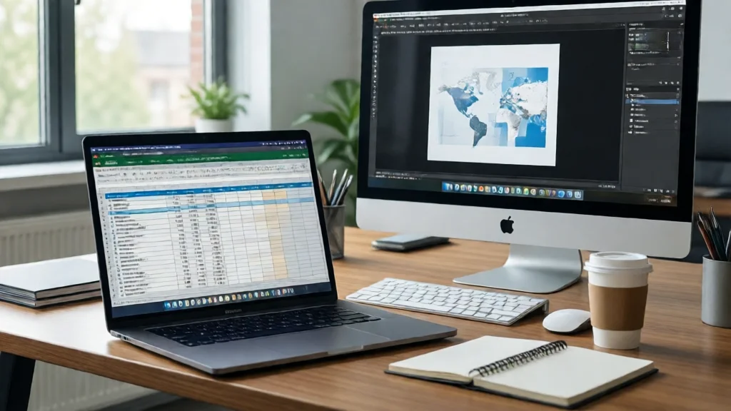 Escritorio moderno com notebook e monitor mostrando aplicativo de planilha