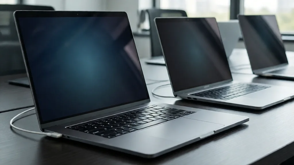 Notebook moderno em mesa de trabalho, múltiplos laptops lado a lado