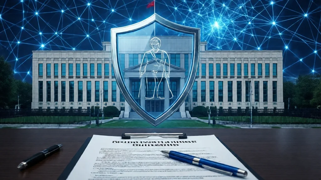 Prédio do governo com escudo de segurança, rede neural de IA, relatório oficial