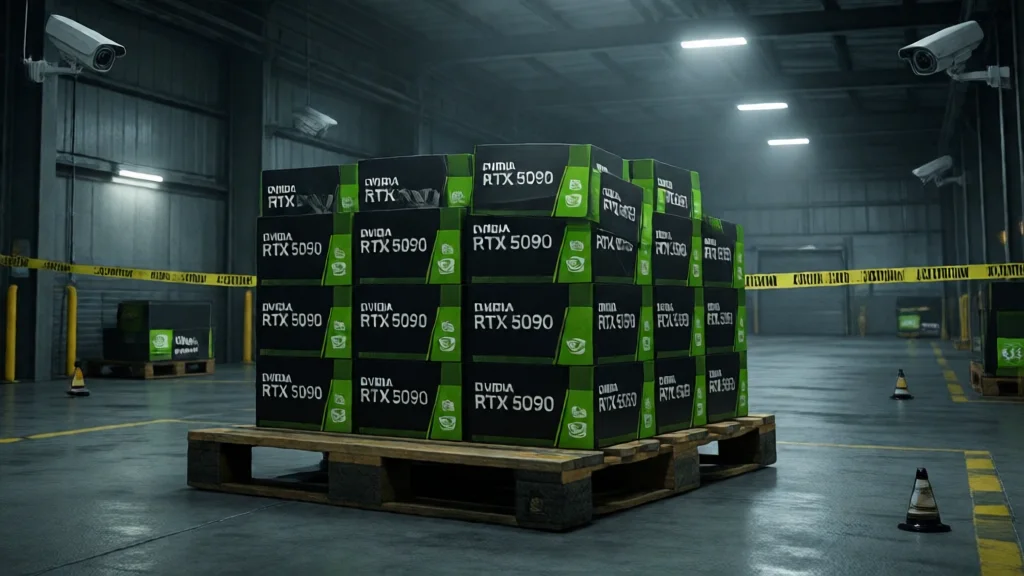 Paleta de carga com caixas de GPU RTX 5090 em área de carga de aeroporto