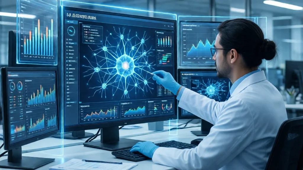 Cientista analisando dados com visualização de rede neural de IA