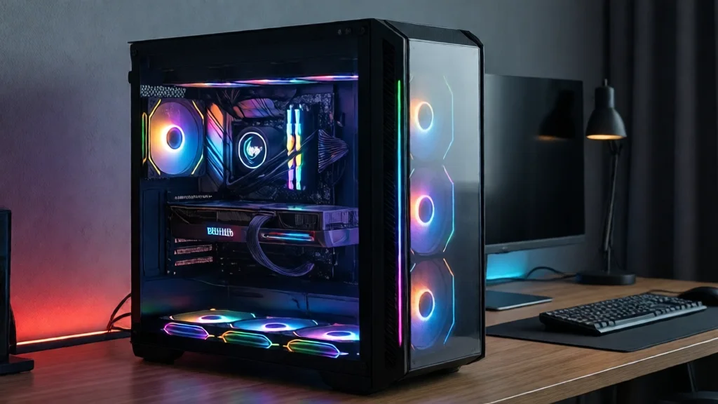 PC gamer com iluminação RGB e placa de vídeo visível