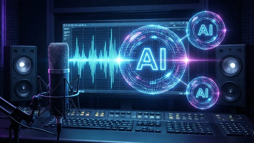 Estúdio de áudio com hologramas de modelos de IA de voz
