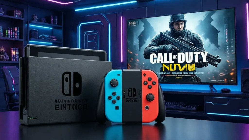 Nintendo Switch 2 com controles, ao lado de TV mostrando jogo de Call of Duty