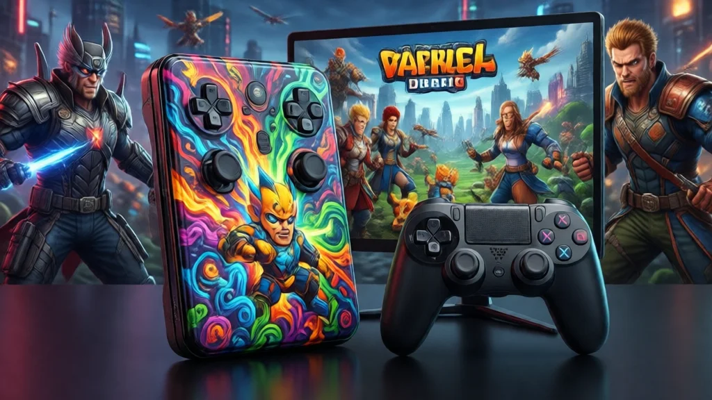 Console de videogame com controle colorido