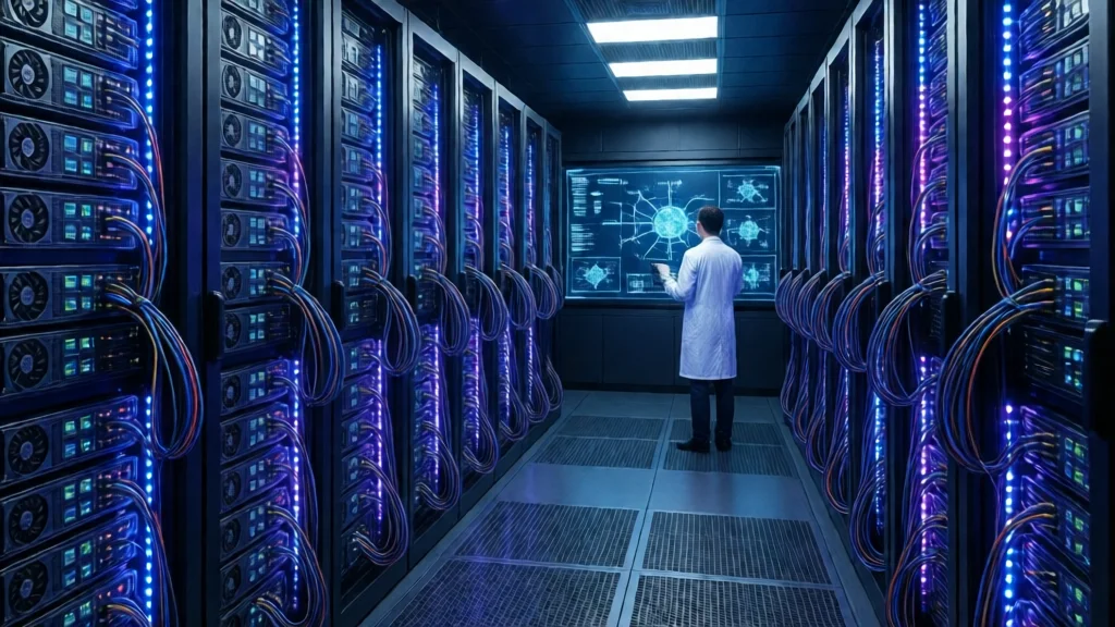 Data center com servidores GPU e telas mostrando arquitetura de rede neural