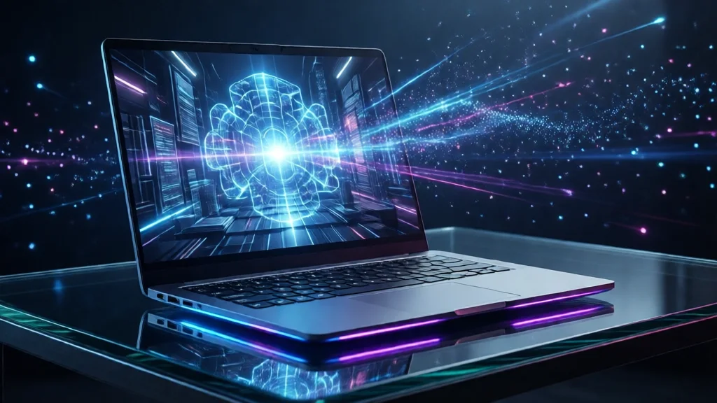 Laptop fino com tela mostrando cena 3D e iluminação de LED representando o RTX Spark
