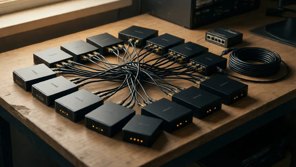 Ilustração: 15 TV boxes genéricos interligados por cabos em um cluster, representando o experimento da Anthropic com inferência distribuída em hardware de baixo custo.