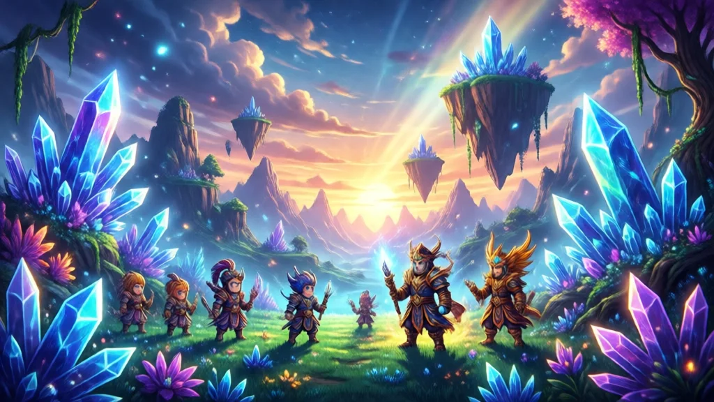 Cena de RPG HD-2D vibrante com personagens pixel art em uma paisagem de cristais mágicos, efeitos de iluminação dinâmica e partículas, sprites 2D retrô com profundidade 3D