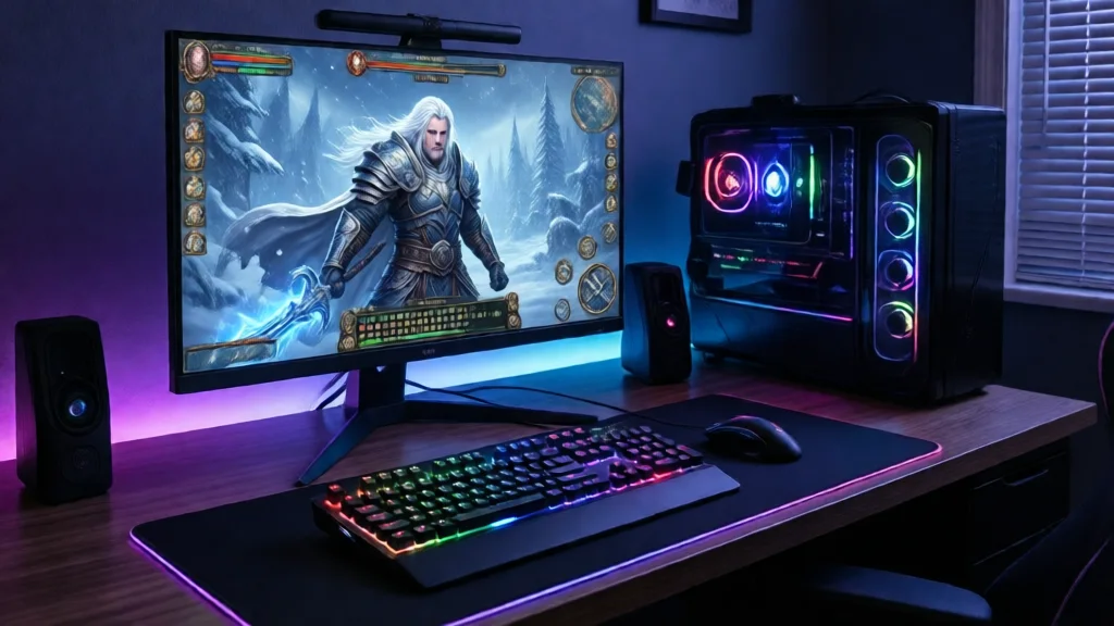 Setup de gaming com monitor mostrando RPG de fantasia