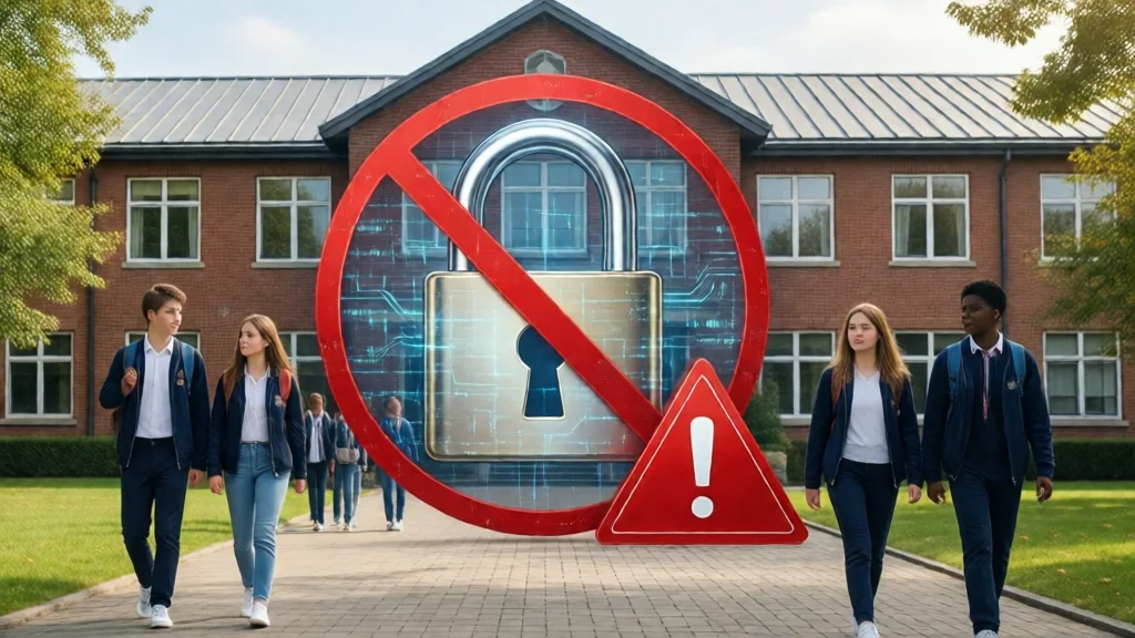 Escola com ícone de bloqueio e alerta de violação de dados