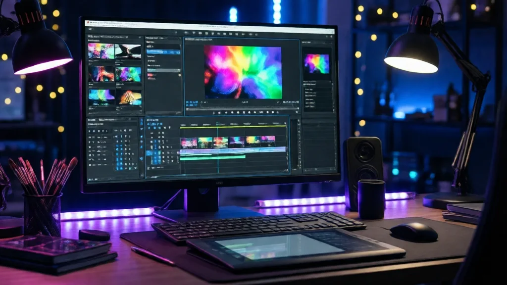 Mesa de trabalho de criador digital com monitor mostrando edição de vídeo e iluminação de LED
