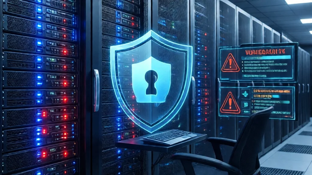 Servidores Linux em data center com alertas de segurança e vulnerabilidades