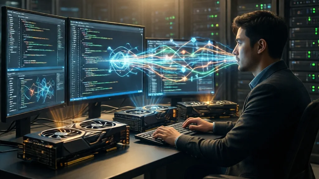 Estação de trabalho com GPUs brilhando em um servidor, streams de dados holográficos entre telas mostrando código e diagramas de redes neurais