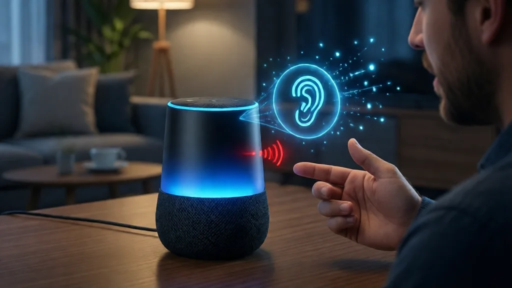 Smart speaker com anel de luz azul em sala de estar, indicando escuta passiva