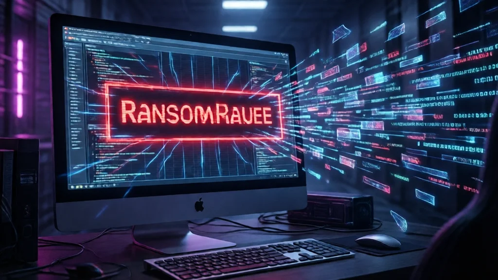 Cena escura de segurança cibernética com nota de ransomware brilhando em vermelho na tela do computador, fragmentos de dados digitais voando por um corredor escuro