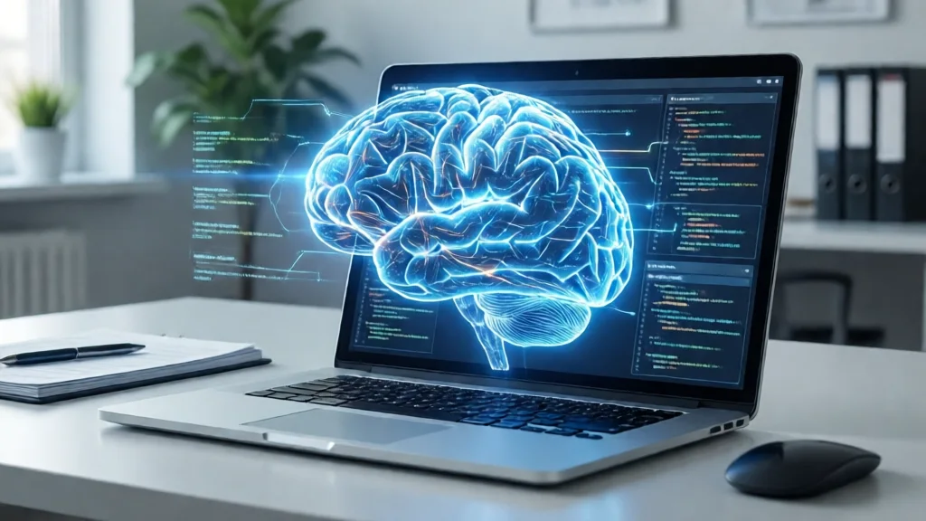 Laptop com holograma de IA exibindo código e fluxos de tarefas