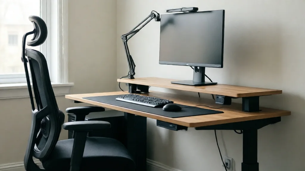 Estação de trabalho ergonômica com cadeira, mesa ajustável e monitor em braço articulado