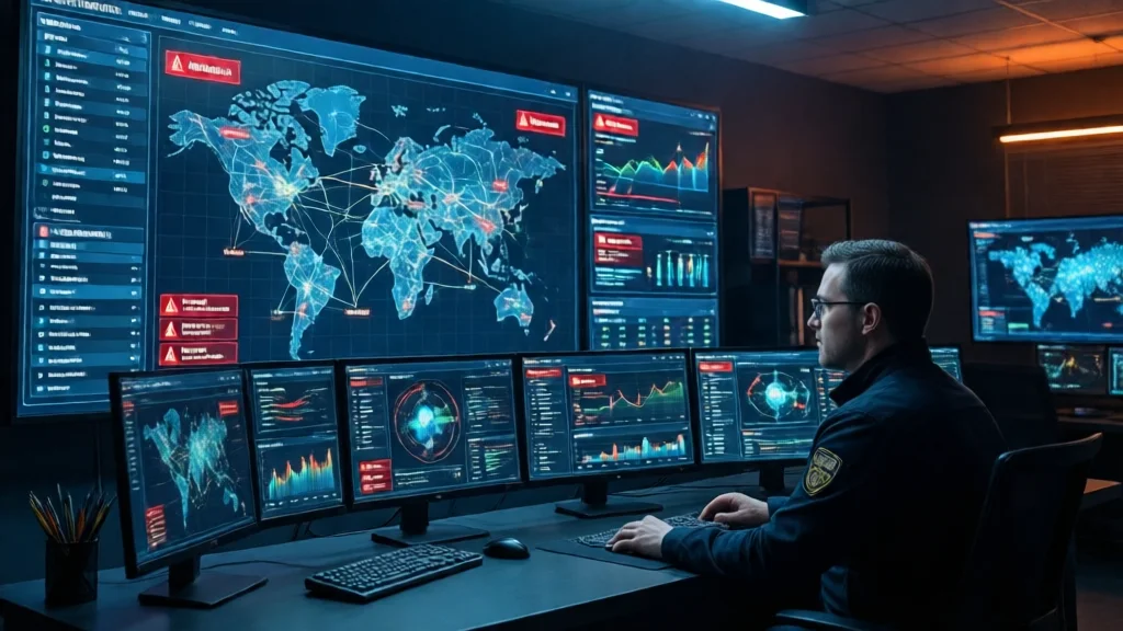 Centro de operacoes de seguranca com telas mostrando alertas de rede
